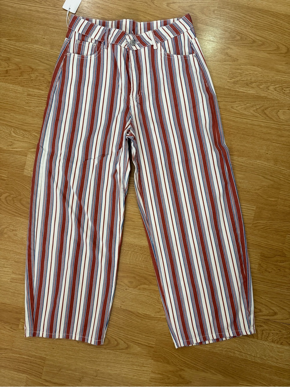 High-Waist Striped Barrel Pants - Rust, White & Blue